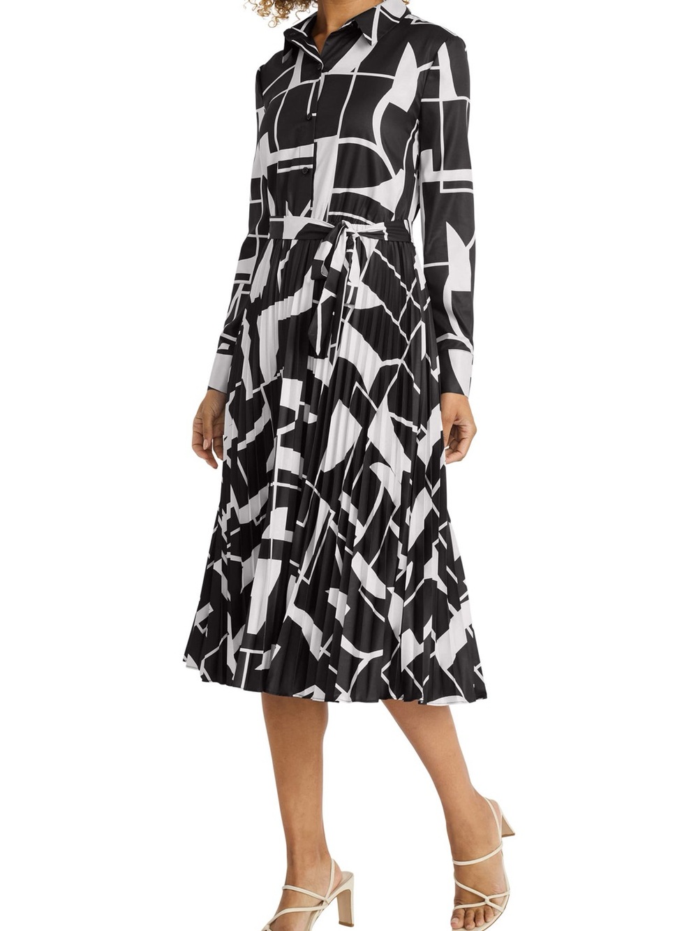 Maggy London Black and White Geometric Pleated Midi Skirt Dress